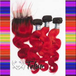 BODY WAVE 8A  16"+16"+16"+Lace closure 14" Couleur  1B red my-feline-zone